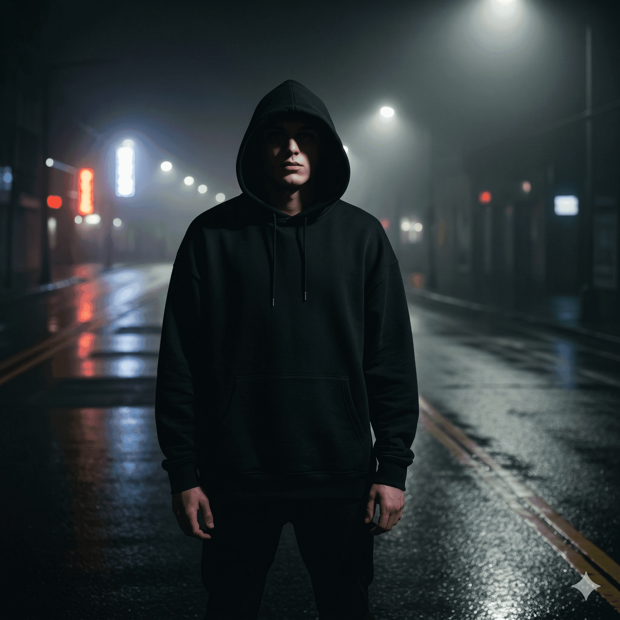 District 23 hooded figure in a dark Warsaw street at night