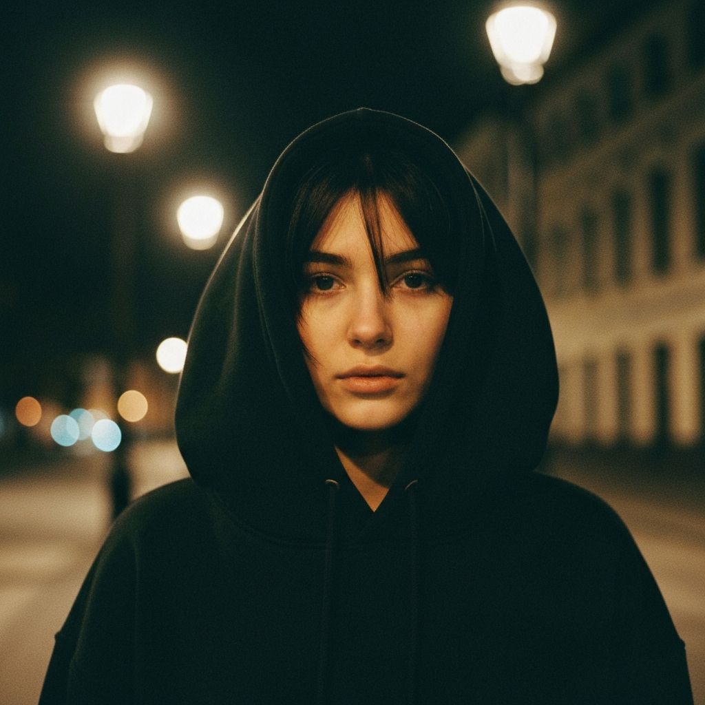 Hooded street style portrait